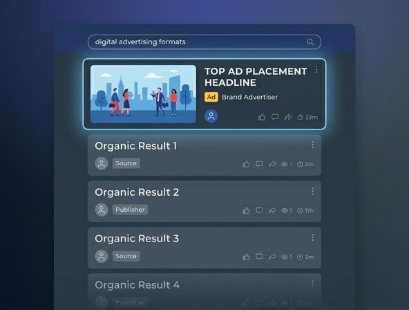 ouTube search results in the feed with an in-feed video ad with a customized thumbnail and headline preview at the top.