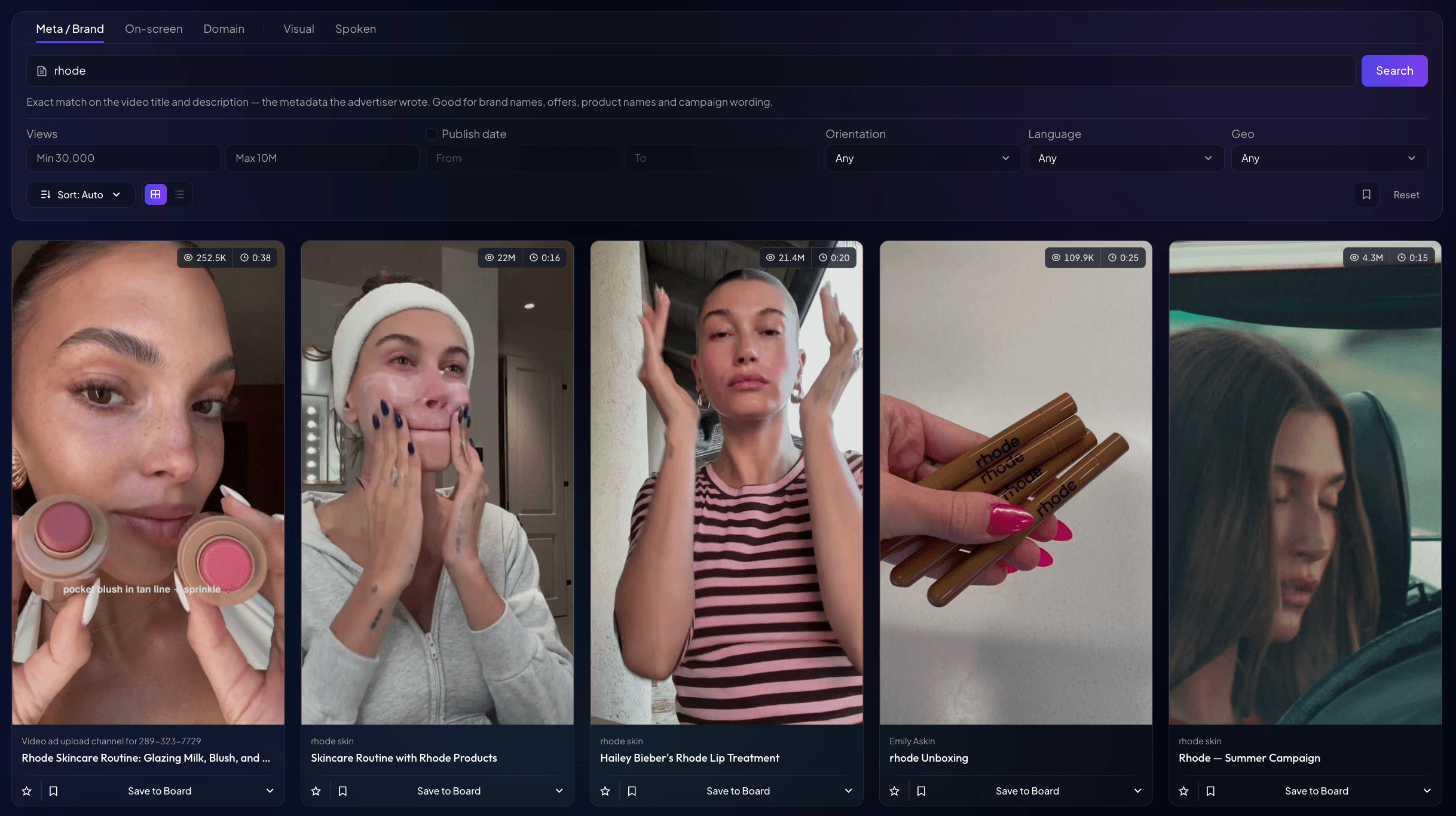 AdSee AI brand page showing a grid of YouTube ads with view counts and publish dates